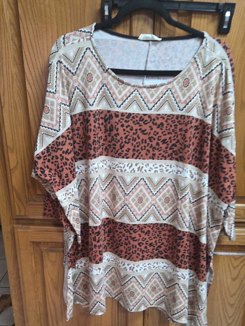 Boho Chevron & Leopard Print Tunic Top - Rust/Cream